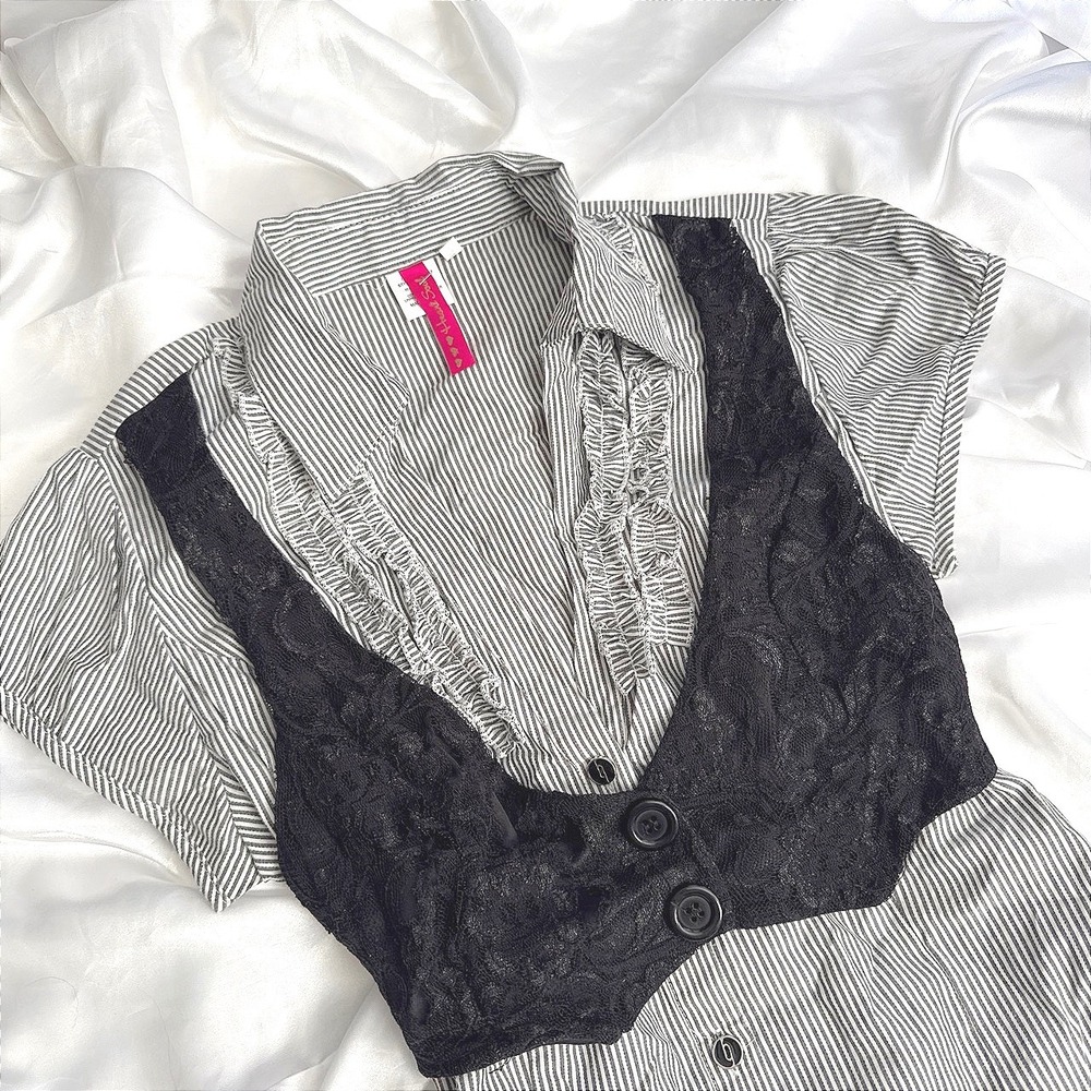 Heart Soul Striped Ruffle Blouse with Lace Vest Overlay Tie Back Black White L